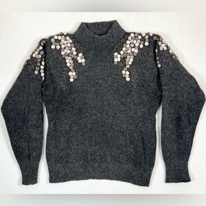MEREDITH Mock Neck Lambswool Angora Rosette Floral‎ Embroidered Gray Sweater M